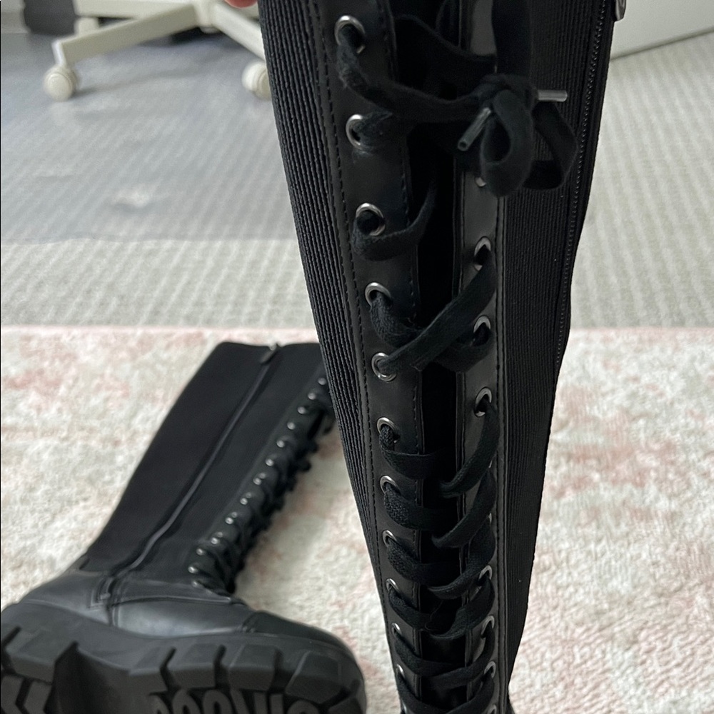 Black Lace-Up Knee-High Combat Boots - Women's - Picture 11 of 14